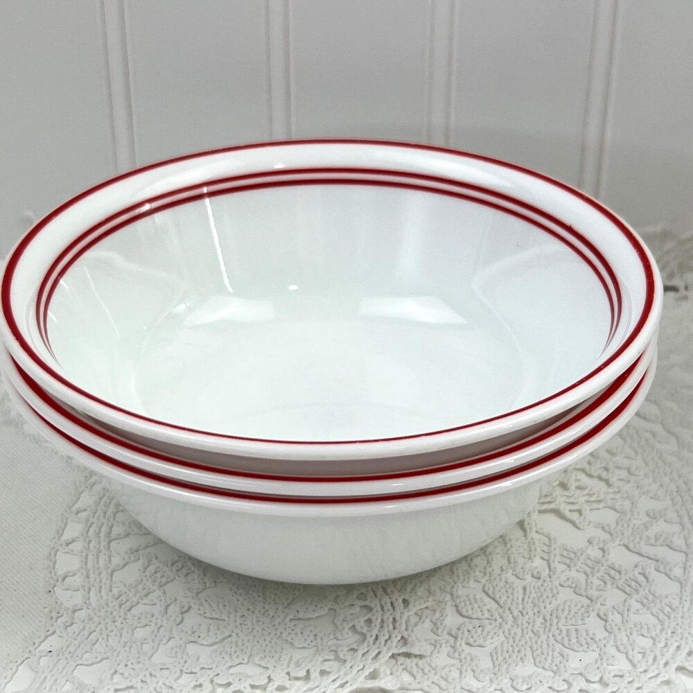 Corelle Vitrelle 3 Coupe Cereal Soup BowlsC lassic Cafe Red White Red Band Edge - Picture 6 of 10